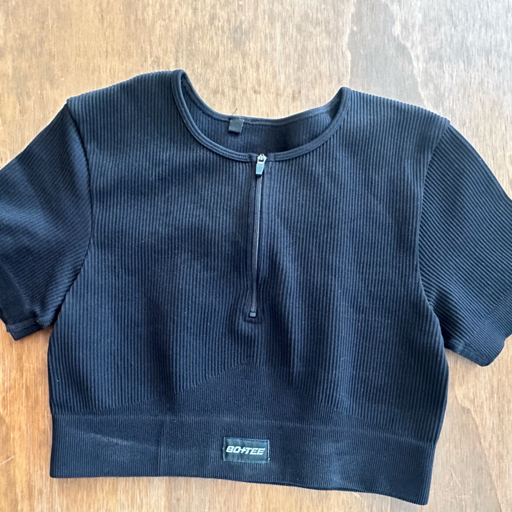 Black Bo+Tee crop top exercise top with 3/4 zipper
